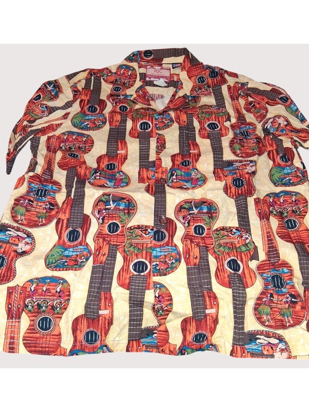 Vintage RJC Hawaiian Shirt With Ukulele Print Short Sleeve Button-Up Made In Haw
